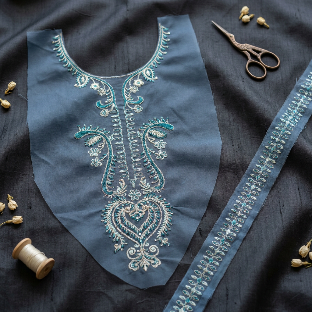 Blue Resham with Silver Zari Work