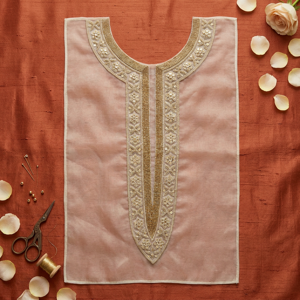 Golden Beige Zari and Sequin Neckline