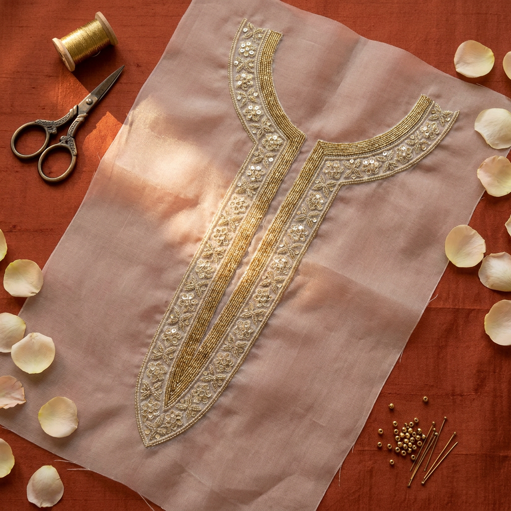 Golden Beige Zari and Sequin Neckline
