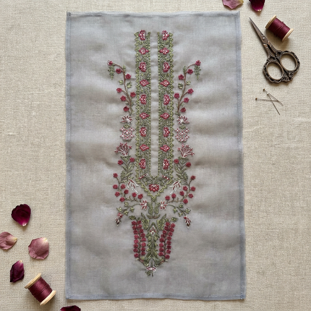 Grey with Maroon Threadwork Neckline