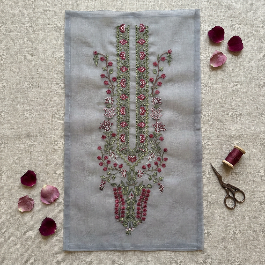 Grey with Maroon Threadwork Neckline