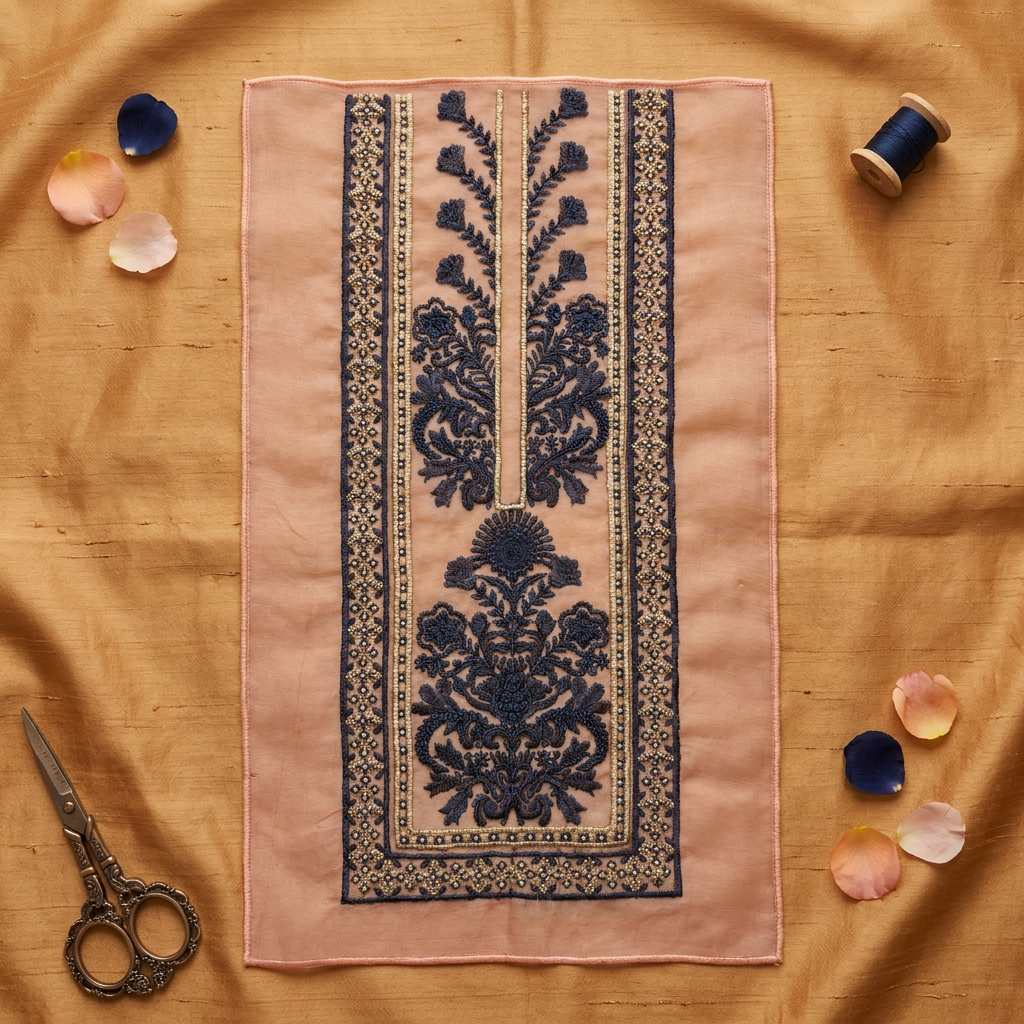Peach and Blue Motif Neckline