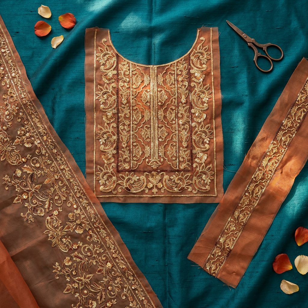 Burnt Orange with Golden Zari and Sequin Design