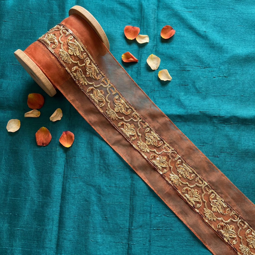 Burnt Orange with Golden Zari and Sequin Design