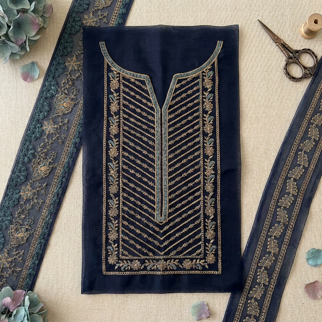 Navy Blue Base with Beige and Firozi Resham Embroidery