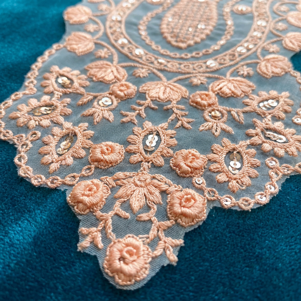 Peach Thread and Sequin Embroidery