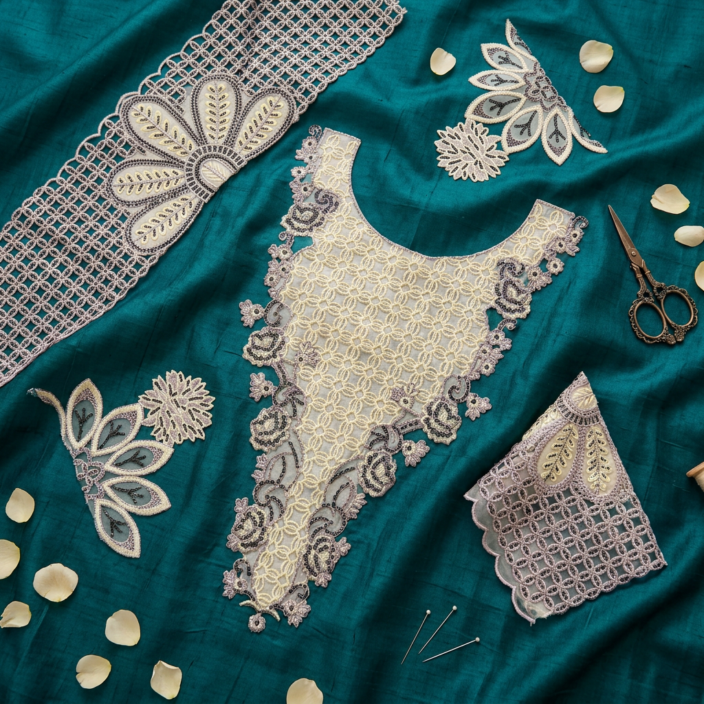 Cream and Lilac Cutwork Embroidery