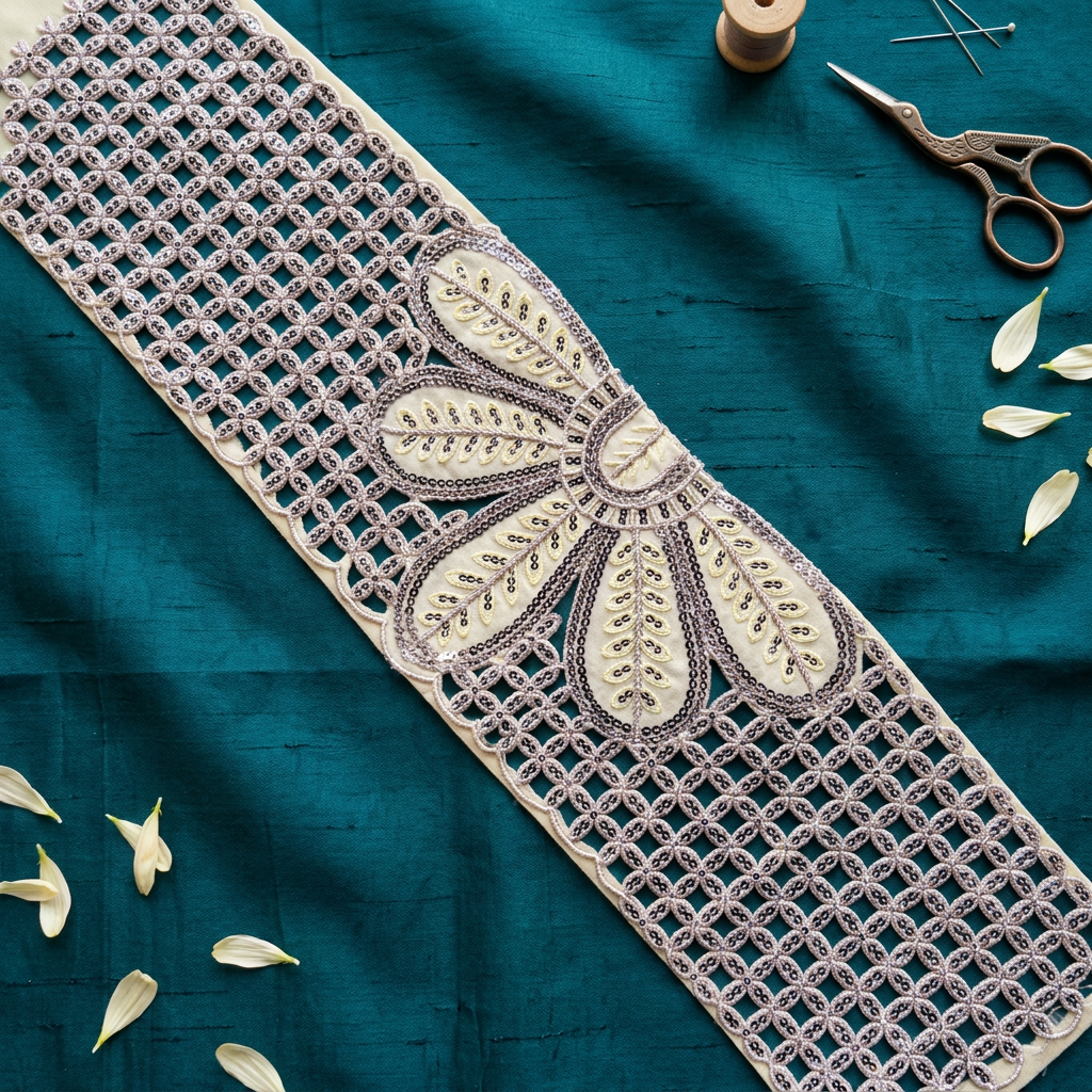 Cream and Lilac Cutwork Embroidery
