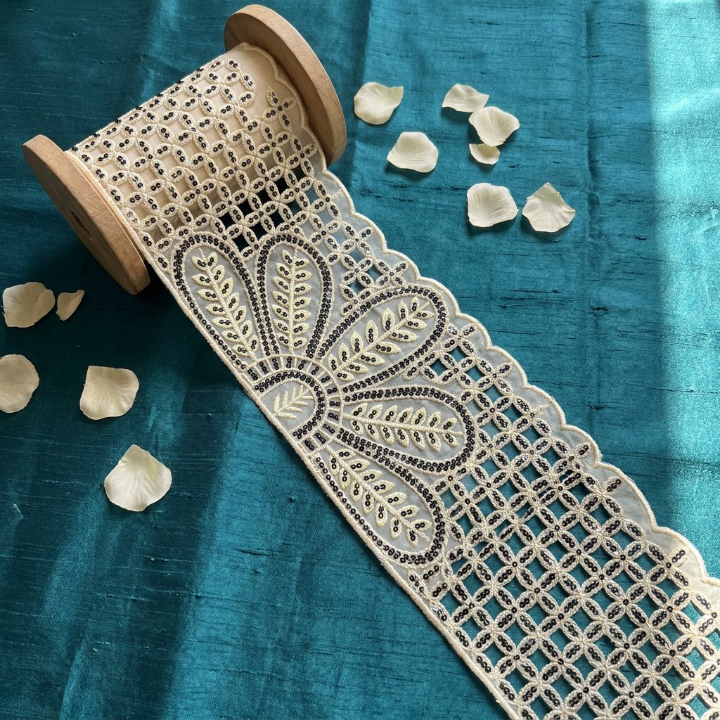Cream and Lilac Cutwork Embroidery