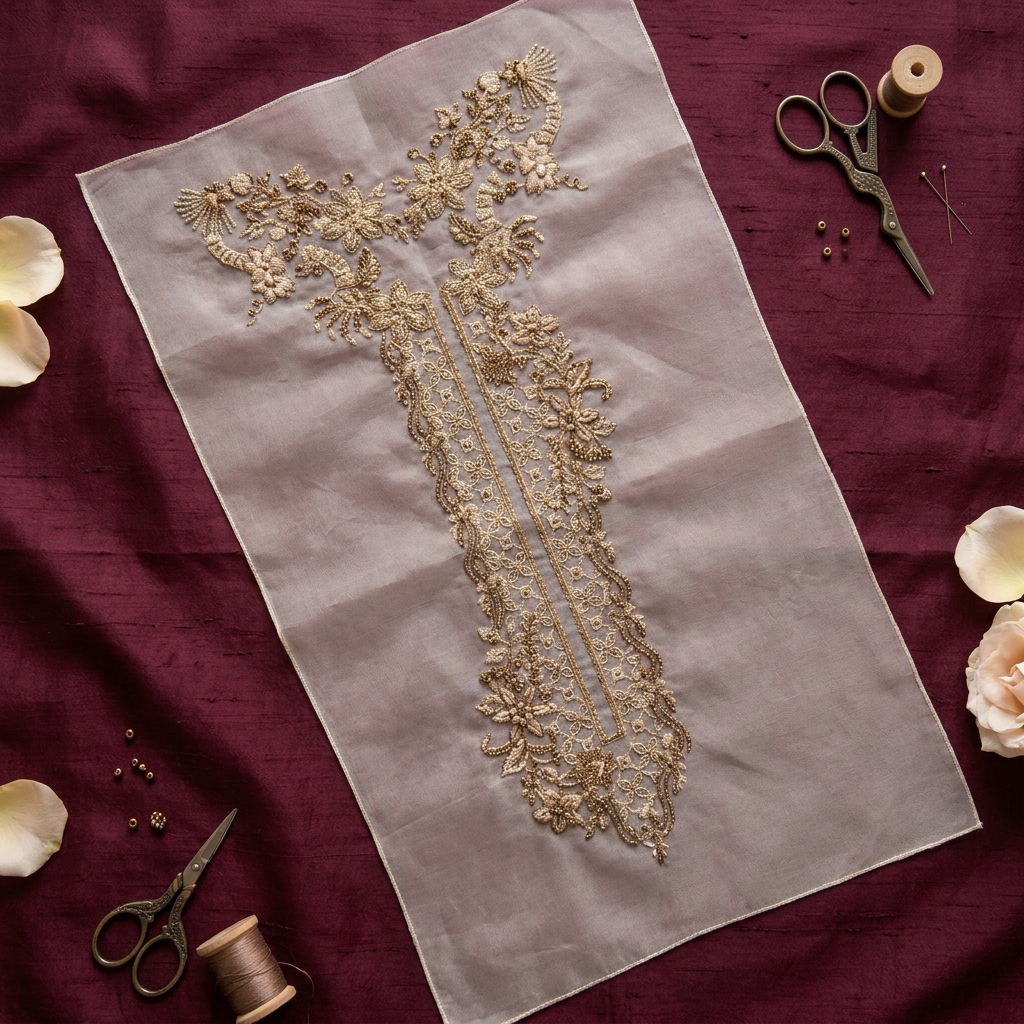 Mocha Beige Threadwork Embroidery