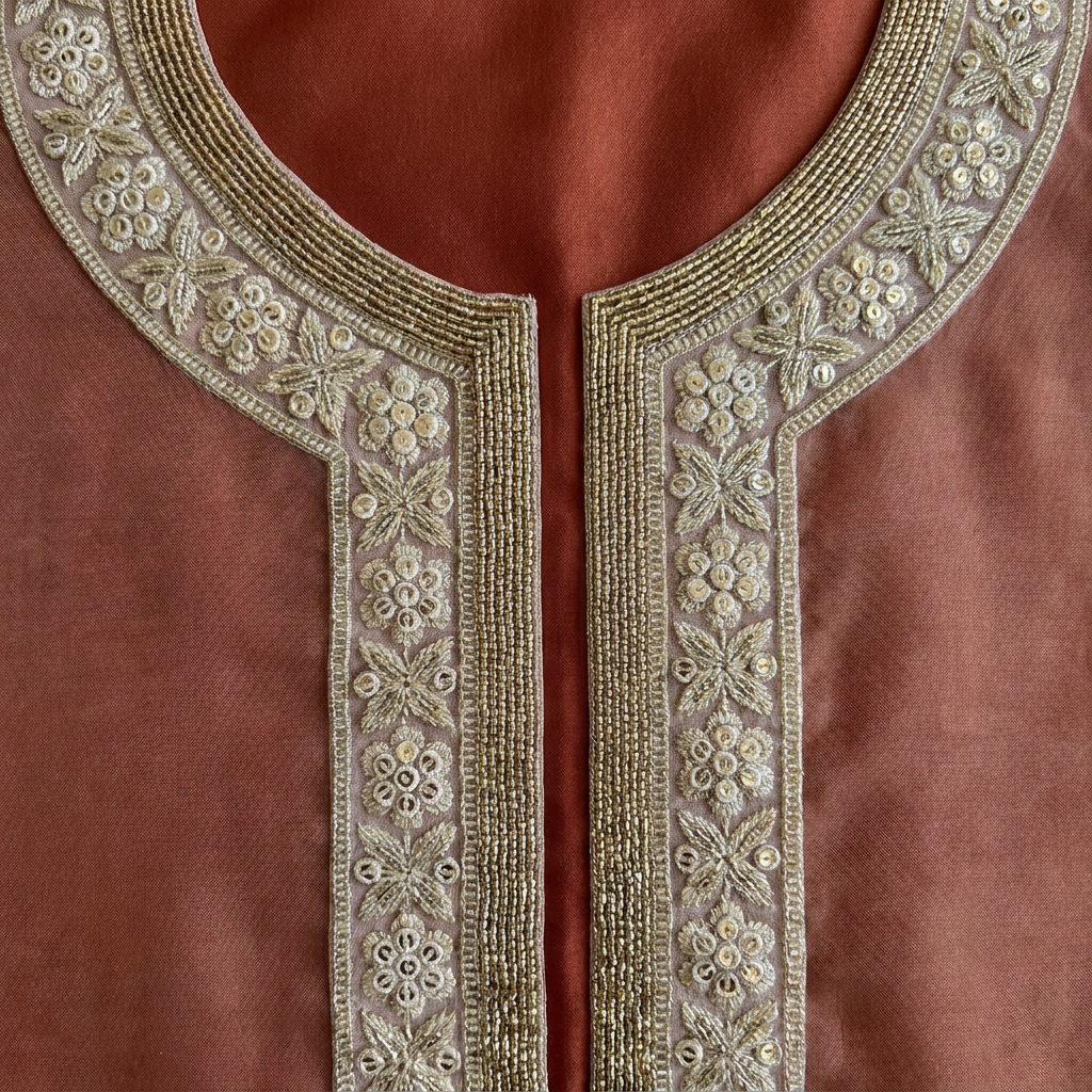 Golden Beige Zari and Sequin Neckline