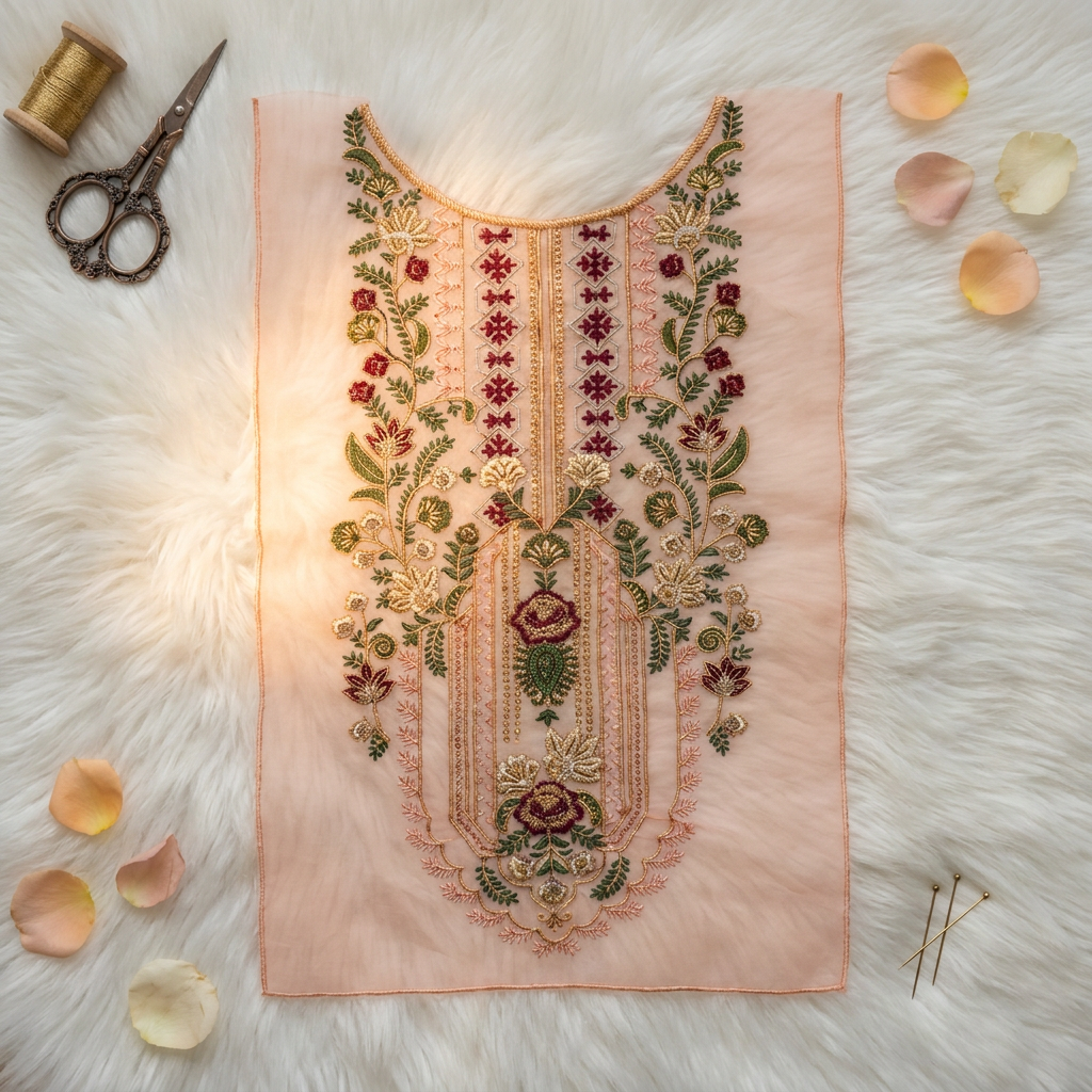 Peach Floral Thread and Zari Neckline