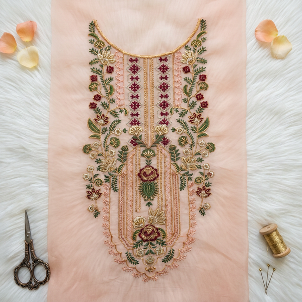 Peach Floral Thread and Zari Neckline