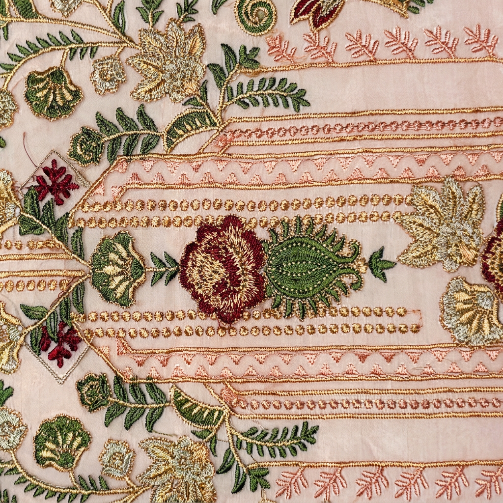 Peach Floral Thread and Zari Neckline