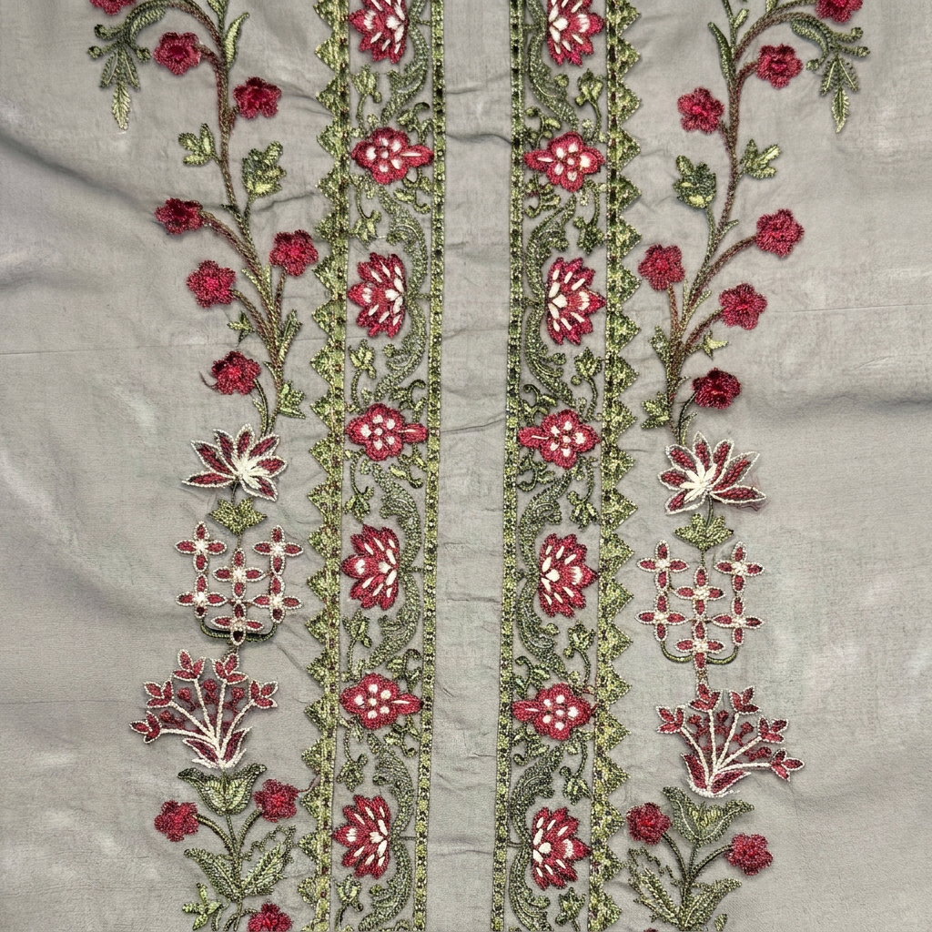 Grey with Maroon Threadwork Neckline