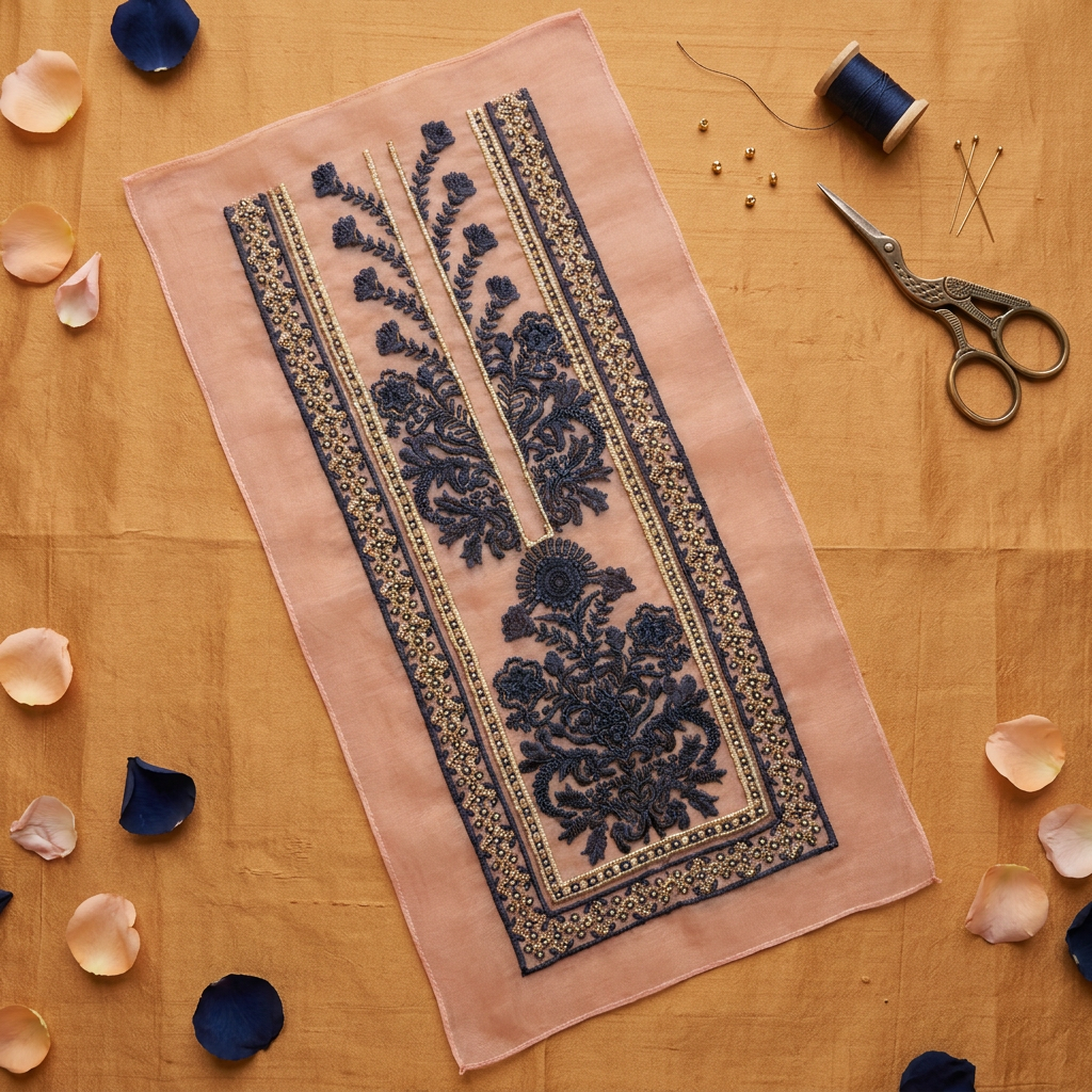Peach and Blue Motif Neckline