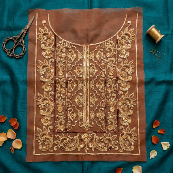 Burnt Orange with Golden Zari and Sequin Design