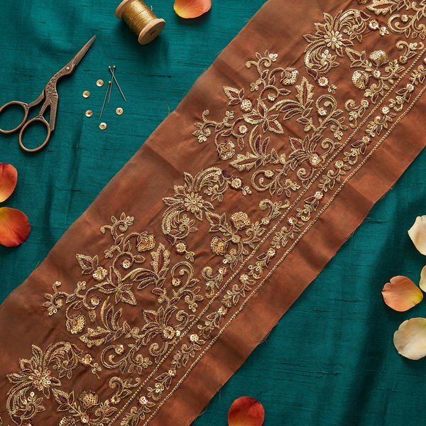 Burnt Orange with Golden Zari and Sequin Design