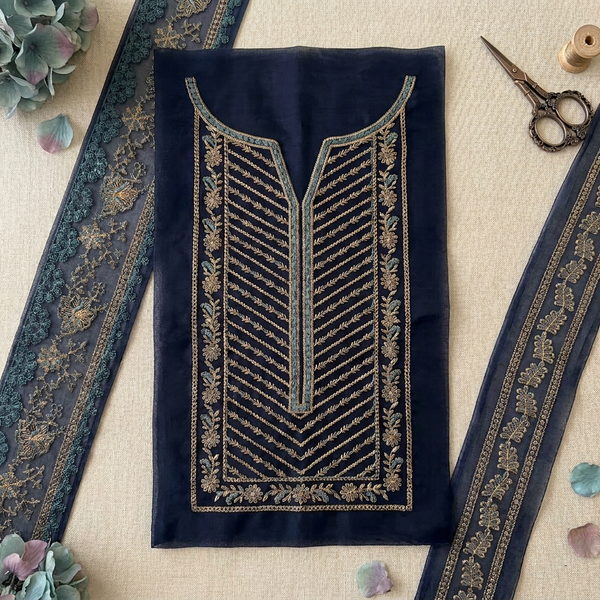 Navy Blue Base with Beige and Firozi Resham Embroidery